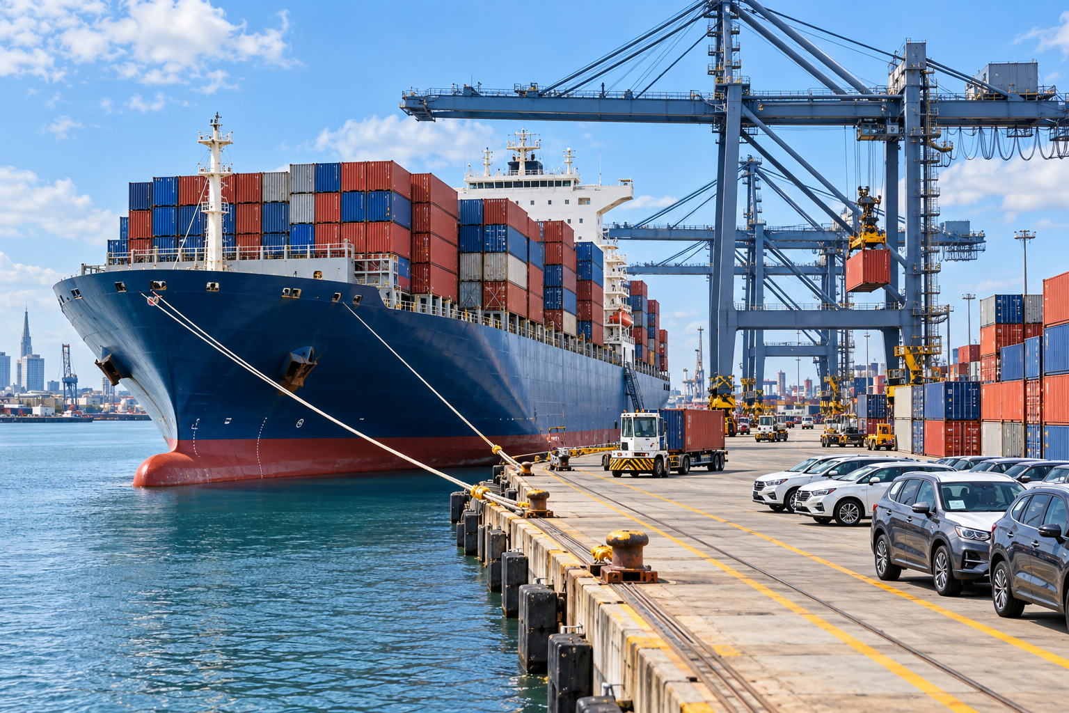 Modern container ship with stacked shipping containers at a commercial port